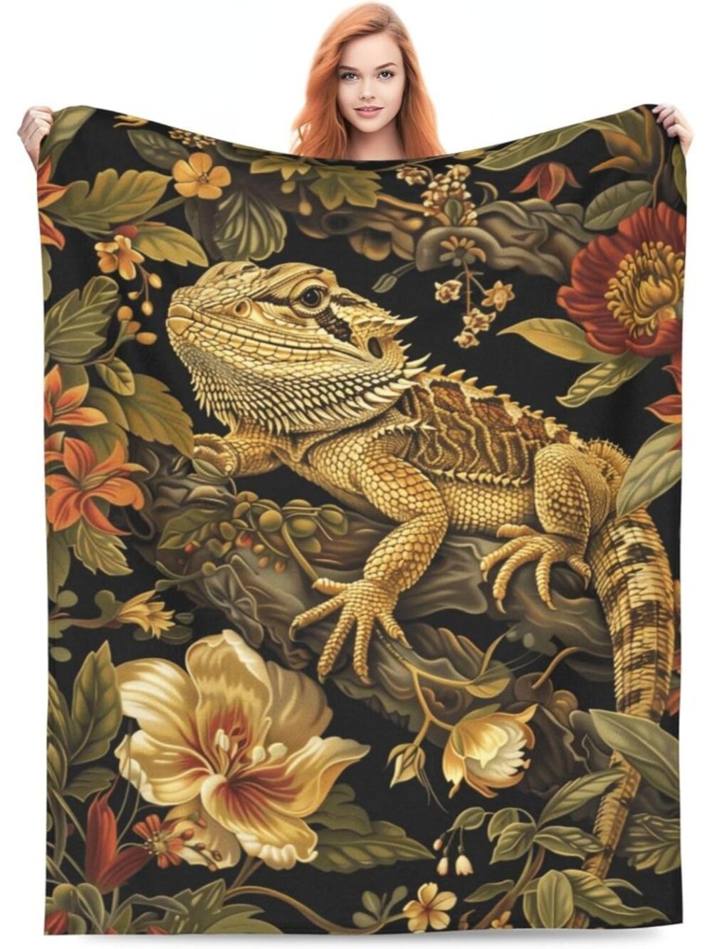 Vintage Bearded Dragon Blanket for Women, Lizard Botanical Throw Blankets Soft L